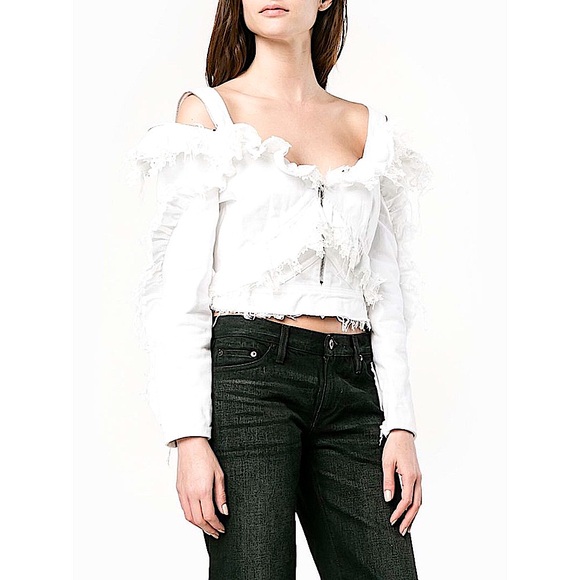 PREEN BY THORNTON BREGAZZI Ruffle Denim Off-Shoulder Top - Picture 5 of 10